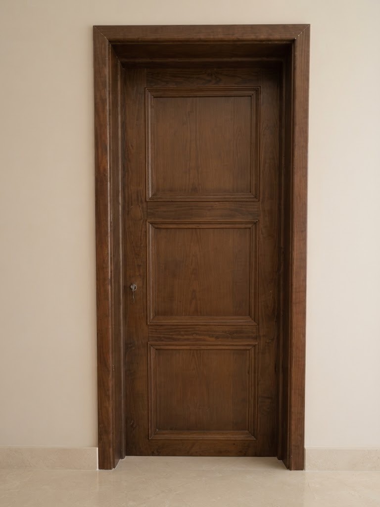 Walnut-stained external kitchen door with three raised panels in a timber architrave